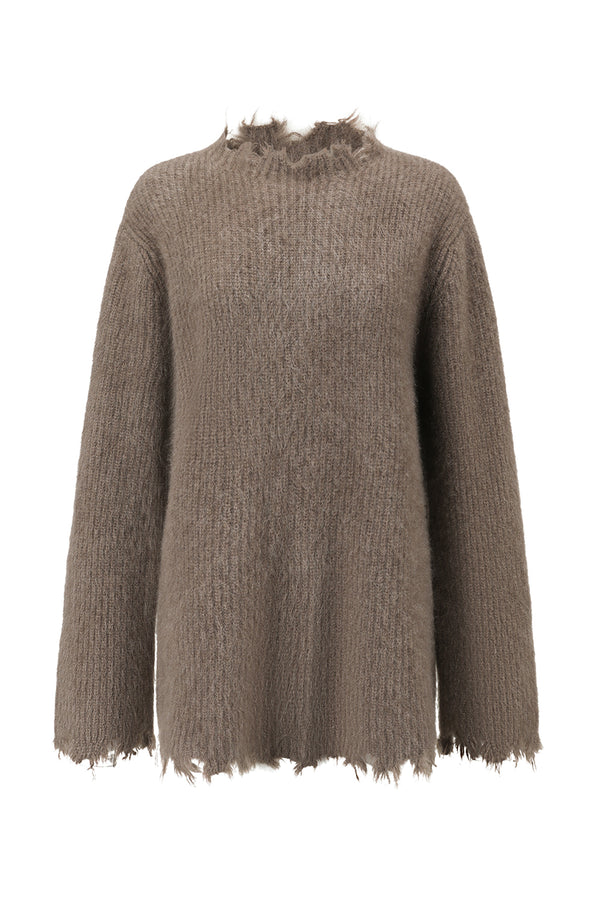 SWAYING Fall/Winter 2025: Fringe-trimmed yak wool sweater SW-SW25AW1T41C1S2-HZ (Gray-Brown)